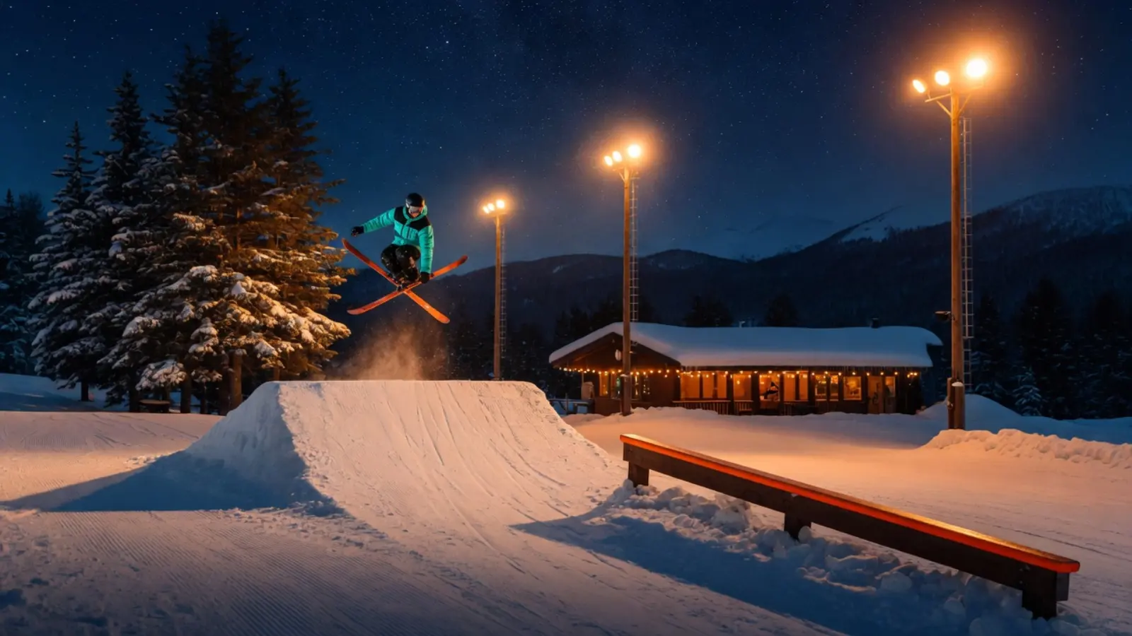Original illustration of a freeski rider above a lit snow park, not a game screenshot