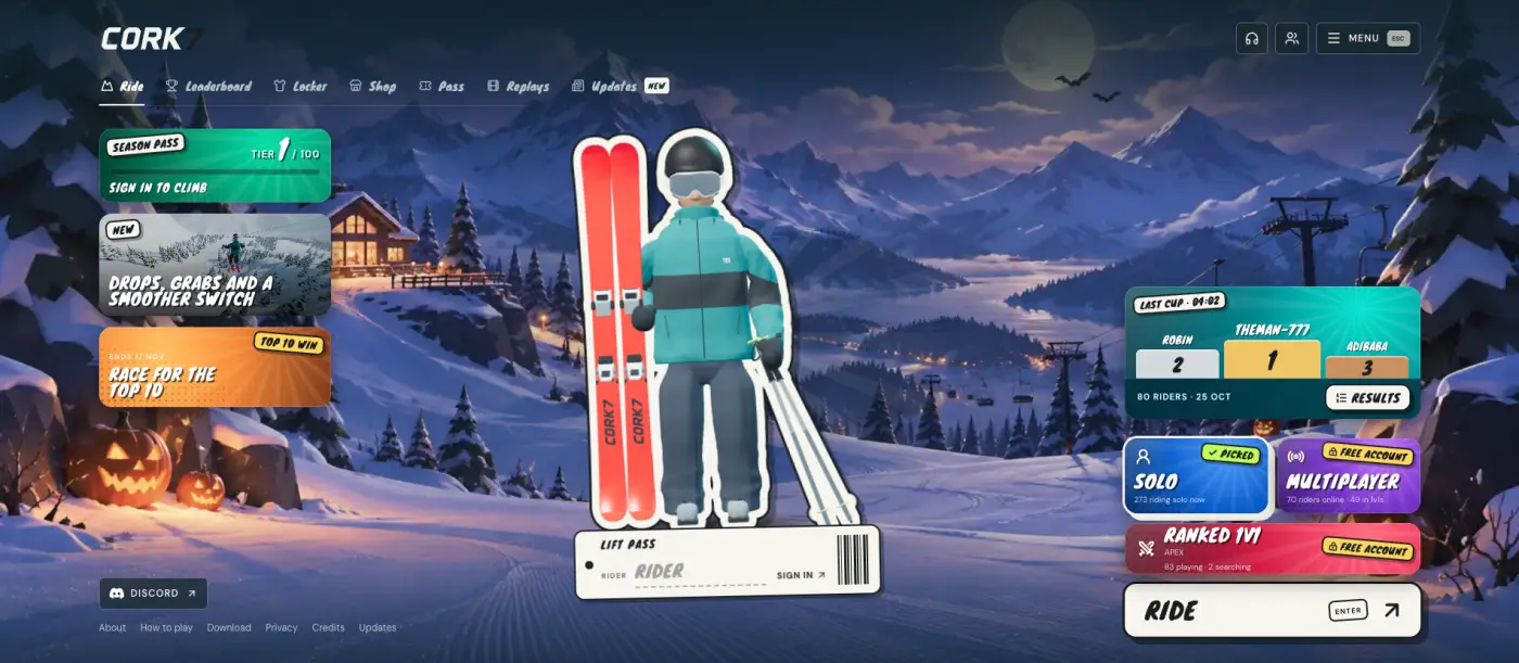 Cork7 basecamp lobby with Solo and multiplayer buttons